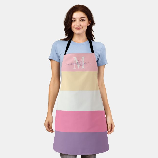 Pastellrosa Lila gelber Farbblock Schürze (Getragen)