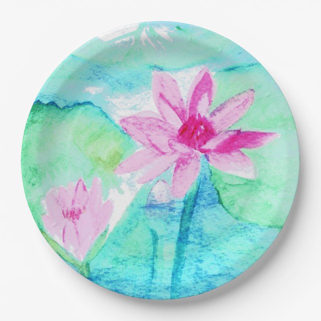 Pastellrosa Lotus Blume Wasserfarben Pappteller (Vorderseite)