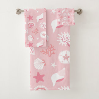 Pastellrosa Meeresmuscheln und Korallen nahtloses  Badhandtuch Set