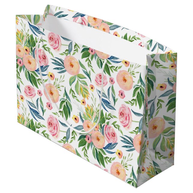 Pastellrosa, mit Blumenblättern Große Geschenktüte (Rückseite Schrägansicht)