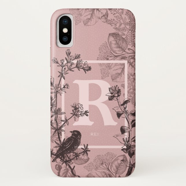 Pastellrosa Monogram Bird und Blumendesign Case-Mate iPhone Hülle (Rückseite)