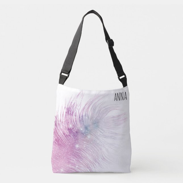 *~* Pastellrosa Mystische kosmische Boho-Feder Tragetaschen Mit Langen Trägern (Vorderseite)