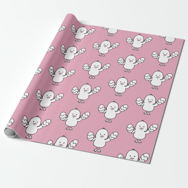 Pastellrosa Niedlich Ostern Küken- und Eiermuster Geschenkpapier (Ungerollt)