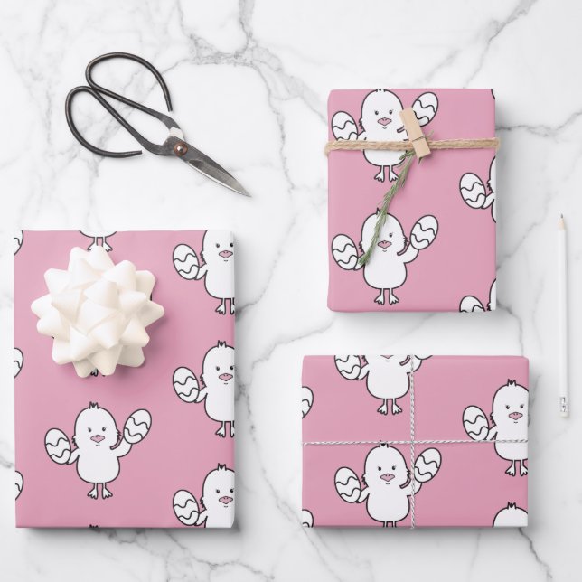Pastellrosa Niedlich Ostern Küken- und Eiermuster Geschenkpapier Set (Vorderseite)