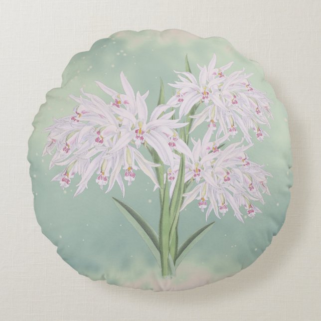 Pastellrosa Orchideen auf grüner Flora Rundes Kissen (Vorderseite)