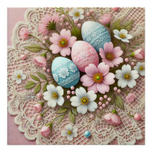 Pastellrosa Ostereier und -Blume Poster