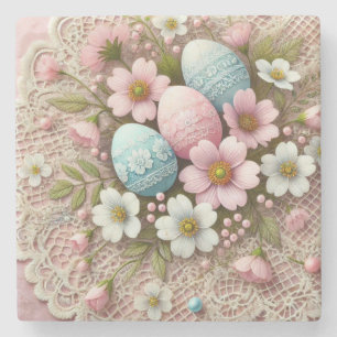 Pastellrosa Ostereier und -Blume Steinuntersetzer