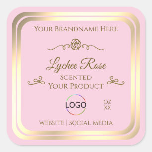 Pastellrosa Produktetikett mit Goldrahmen und Logo Quadratischer Aufkleber