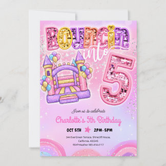 Pastellrosa Regenbogen-Hüpfburg 5. Geburtstag Einladung