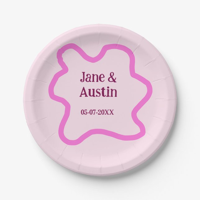 Pastellrosa Retro Hochzeitsgrenzennacht Datum Pappteller (Vorderseite)