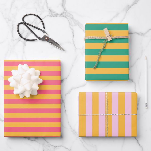 Pastellrosa, Rose, Jade und Gelbstreifen Geschenkpapier Set (Vorderseite)