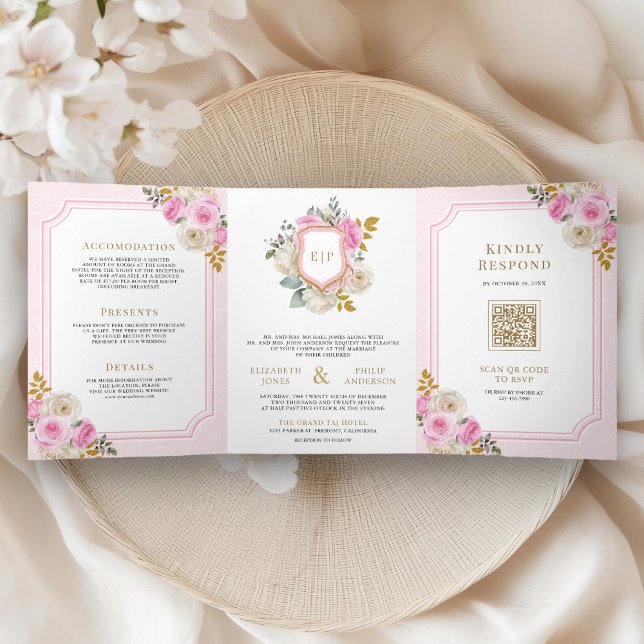 Pastellrosa Rose mit Blumenmotiven Dreifach Gefaltete Einladung (Von Creator hochgeladen)