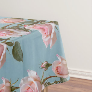 Pastellrosa Rosen auf einem weichen himmelblauen H Tischdecke