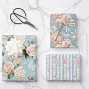 Pastellrosa Rosen Französischblaue Blattstreifen Geschenkpapier Set