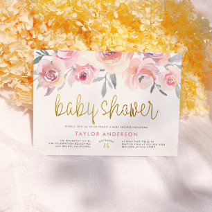 Pastellrosa Rosen und Grünzeug Gold Chic Babyparty Einladung