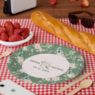 Pastellrosa Rosen Wasserfarbenmuster auf Grün Pappteller