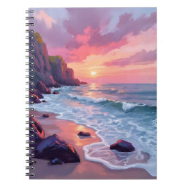 Pastellrosa-Strand-Sonnenuntergang-Ozeanwellen-Aqu Notizblock