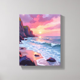 Pastellrosa Strand Sonnenuntergang Ozeanwellen Was Leinwanddruck