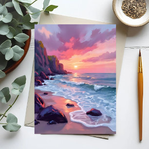 Pastellrosa Strand Sonnenuntergang Ozeanwellen Was Postkarte