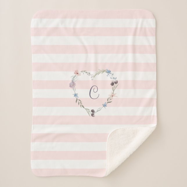 Pastellrosa Streifen Blumenkohl Monogramm Sherpadecke (Vorderseite)