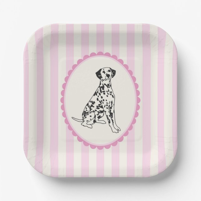 Pastellrosa Streifen und Schwarze Hunde-Illustrati Pappteller (Vorderseite)