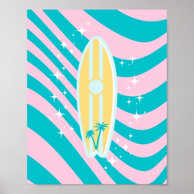 Pastellrosa Surfbrett, Beach Art, Tropenmuscheln Poster (Vorne)