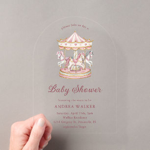 Pastellrosa süße Karussell-Girl-Baby-Shower-Archit Acryleinladungen