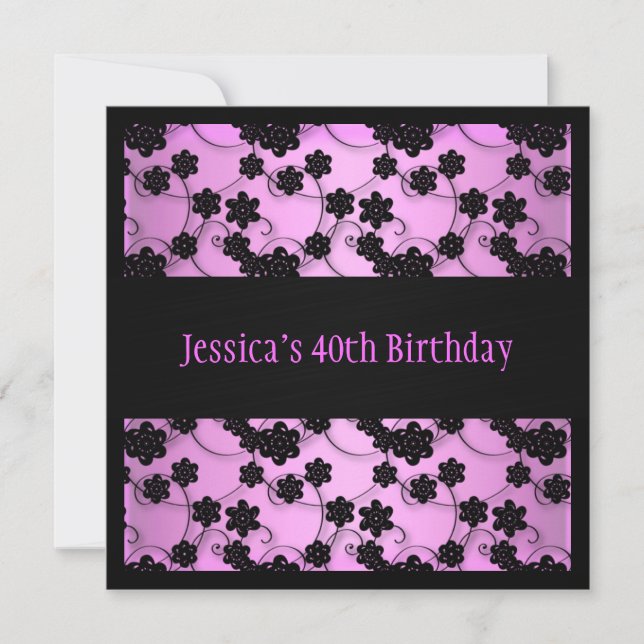 Pastellrosa-u. Schwarz-Blumen-40. Geburtstag Einladung (Vorderseite)