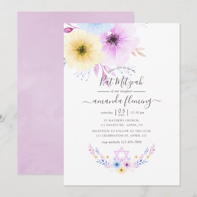 Pastellrosa und blaue Flora Bat Mitzvah Einladung (Vorne/Hinten)