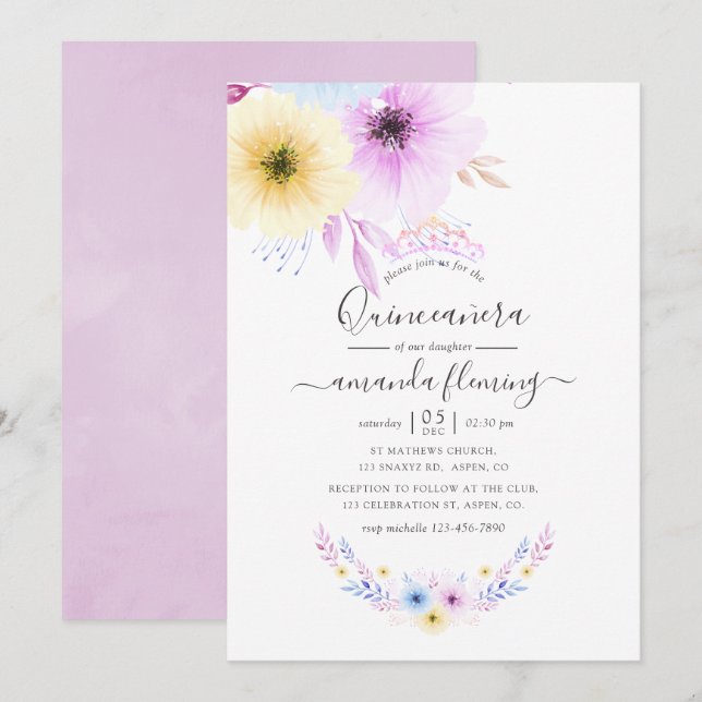 Pastellrosa und blaue Flora Quinceñera Einladung (Vorne/Hinten)