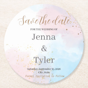 Pastellrosa und Blaue Wasserfarbe Save the Date Runder Pappuntersetzer