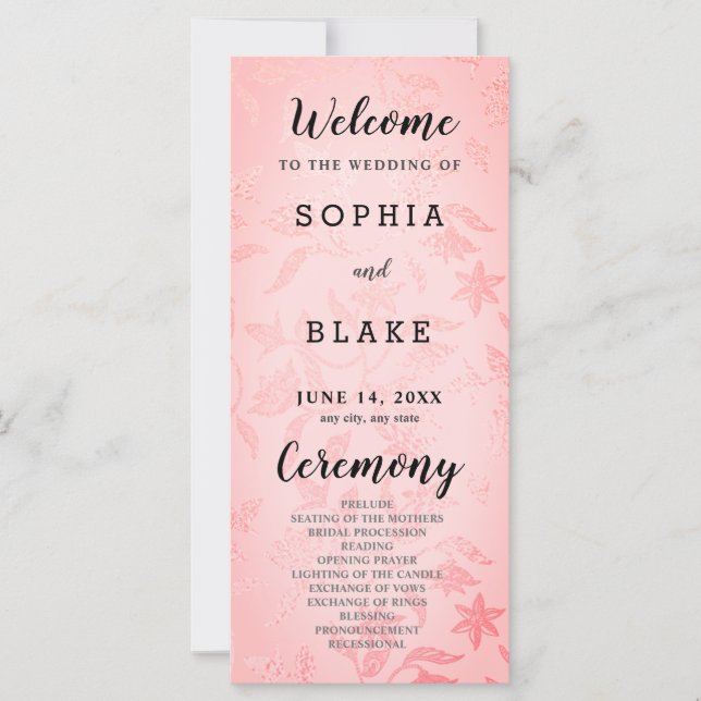Pastellrosa und florales Metallic-Hochzeitsprogram (Vorderseite)