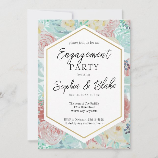 Pastellrosa und Gelbe florale Engagement Party Einladung (Vorderseite)