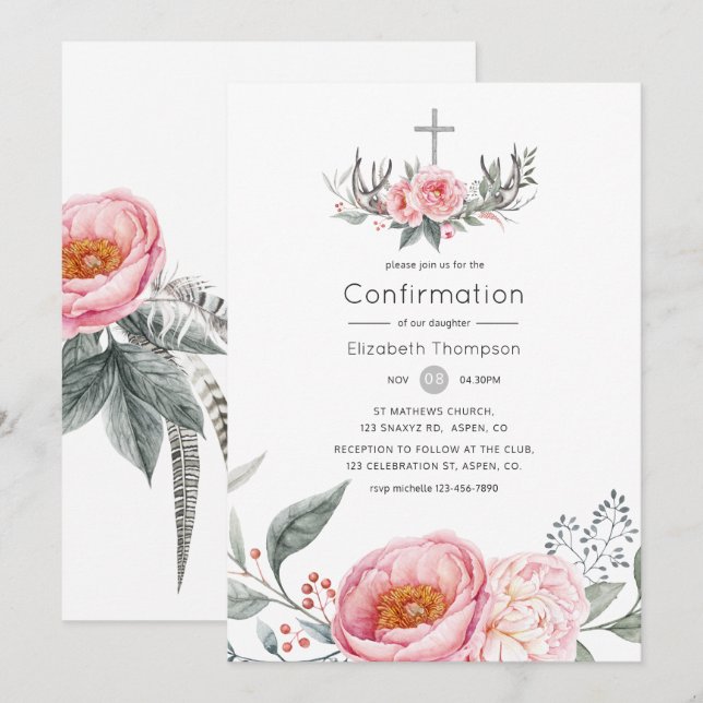Pastellrosa und graue Boho - Floral-Bestätigung Einladung (Vorne/Hinten)