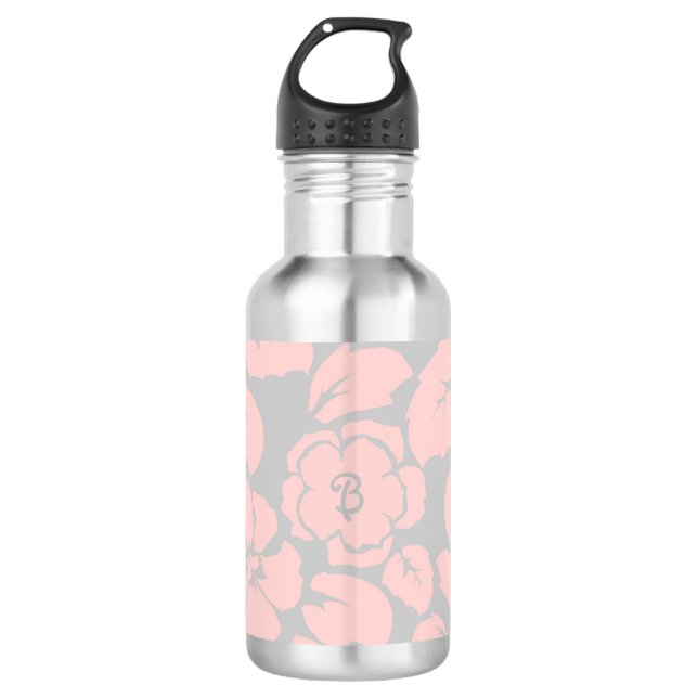 Pastellrosa und graue Floral Monogramm Edelstahlflasche (Vorderseite)