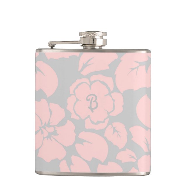 Pastellrosa und graue Floral Monogramm Flachmann (Vorderseite)