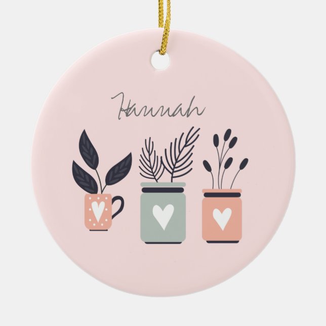 Pastellrosa und graue moderne Pflanze Keramik Ornament (Vorne)