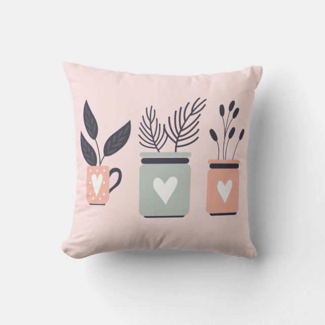 Pastellrosa und graue moderne Pflanze Kissen (Vorderseite)