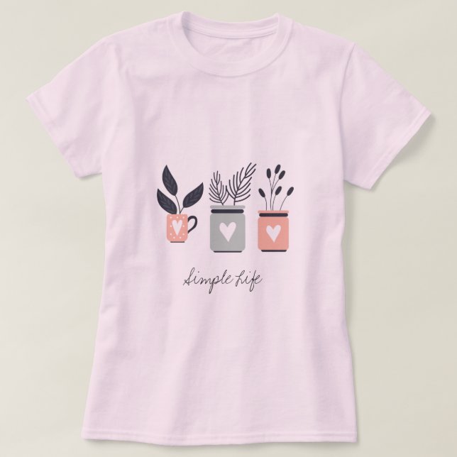 Pastellrosa und graue moderne Pflanze T-Shirt (Design vorne)