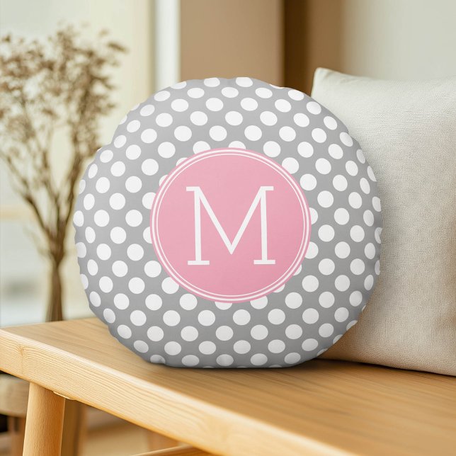 Pastellrosa und graue Polka-Punkte mit benutzerdef Rundes Kissen (Custom Pillow)