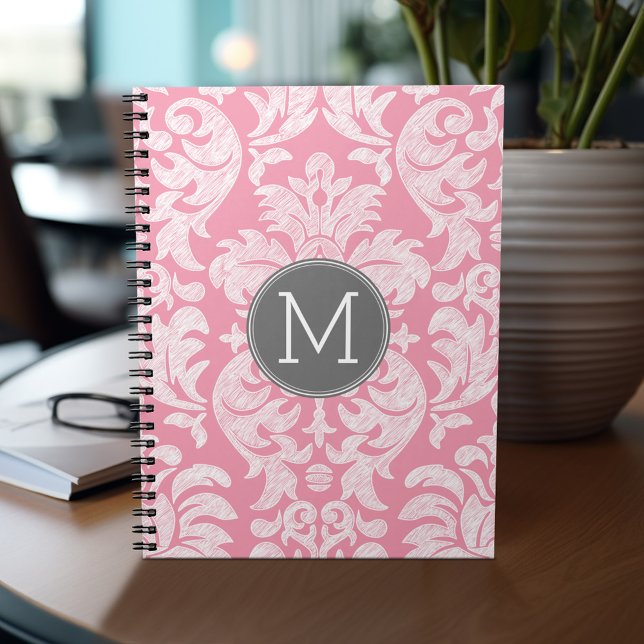 Pastellrosa und graues Damaskusmuster - benutzerde Notizblock (Personalized notebook - add monogram and custom text)