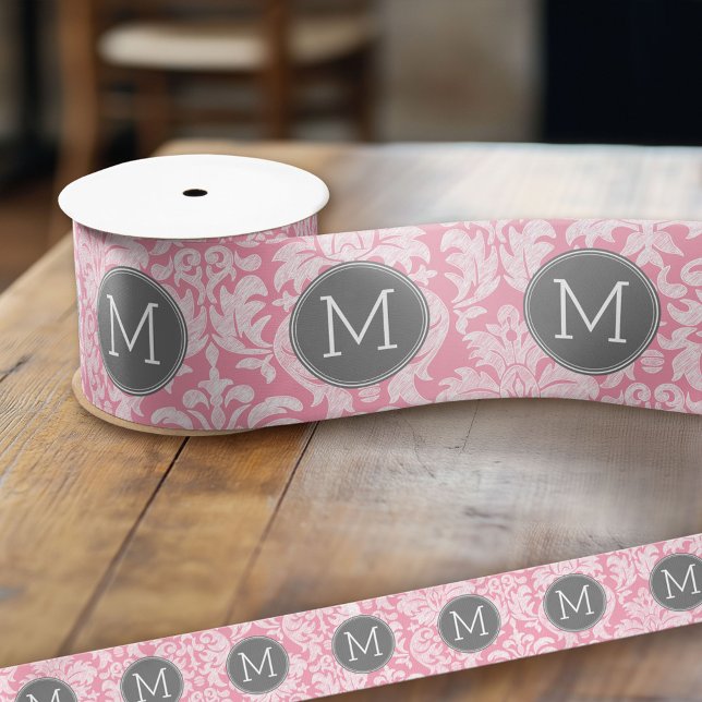 Pastellrosa und graues Damaskusmuster - benutzerde Satinband (Custom Monogram Ribbon)