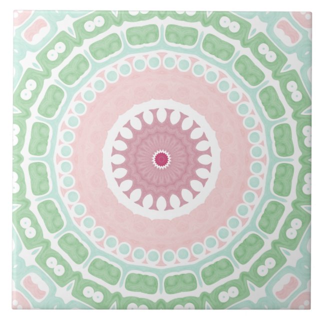 Pastellrosa und grünes Mandala Fliese (Vorderseite)