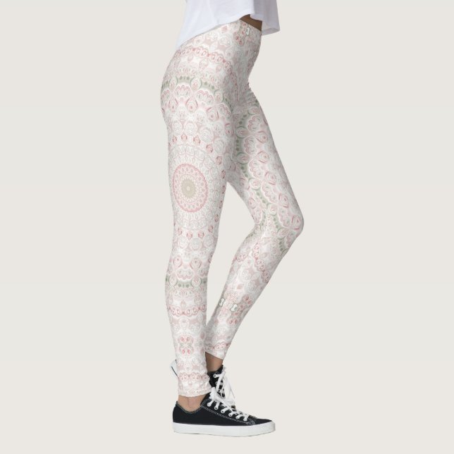 Pastellrosa und grünes Mandala-Muster Leggings (Rechts)
