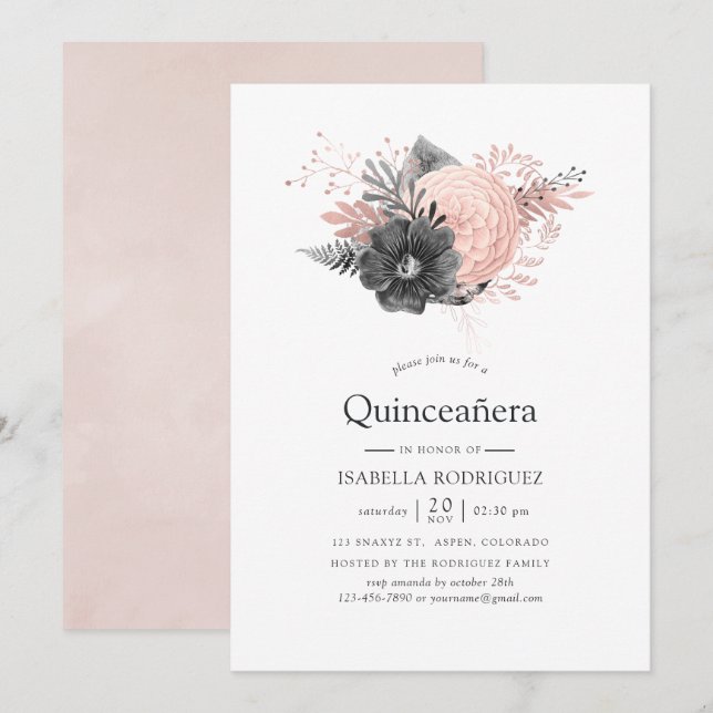 Pastellrosa und Holzkohle - Quinceñera Einladung (Vorne/Hinten)