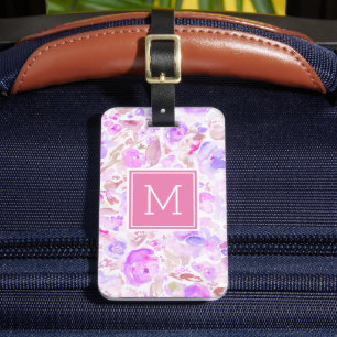 Pastellrosa und Lila Blumenmuster Mit Monogramm Gepäckanhänger