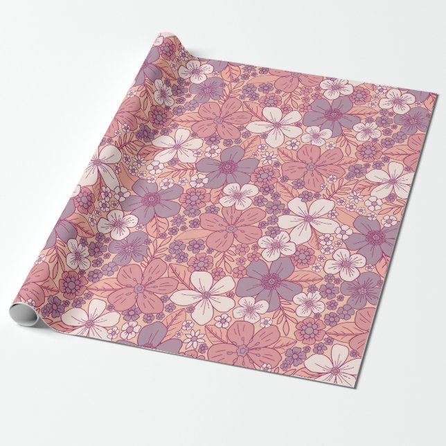 Pastellrosa und Lila Blüten Geschenkpapier (Ungerollt)
