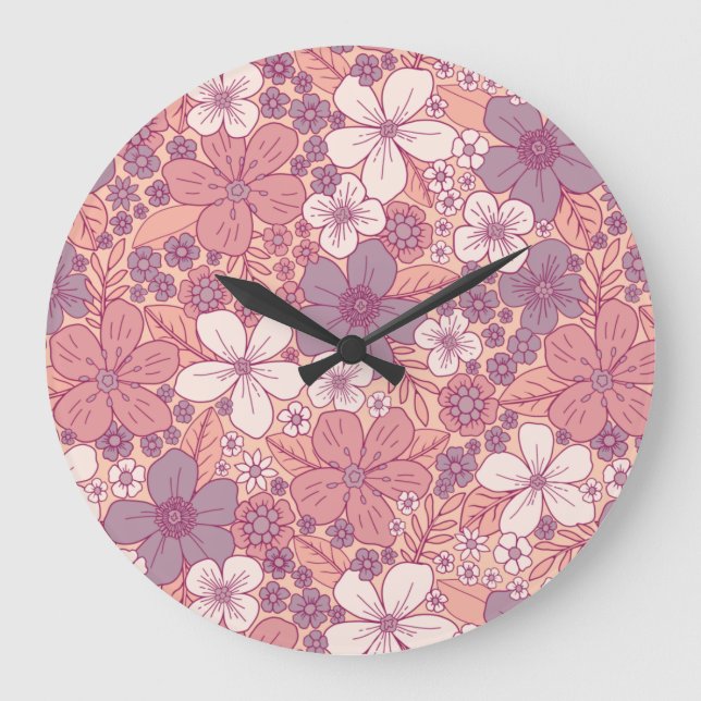 Pastellrosa und Lila Blüten Große Wanduhr (Vorderseite)