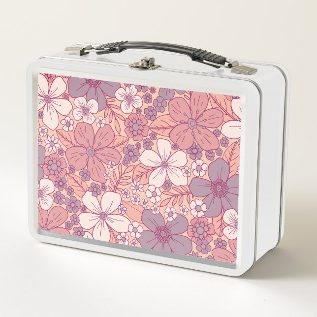 Pastellrosa und Lila Blüten Metall Brotdose (Vorderseite)