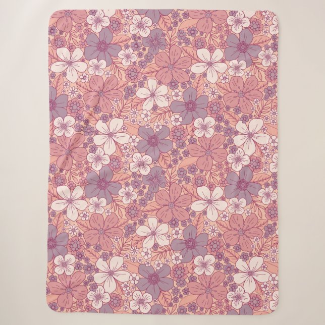Pastellrosa und Lila Blüten Sherpadecke (Vorderseite)